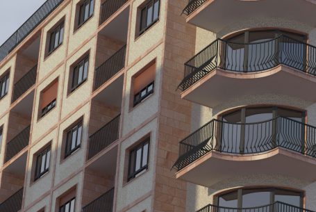 Infografía rehabilitación fachada en piedra y gresite