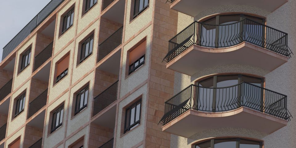 Infografía rehabilitación fachada en piedra y gresite